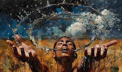An emotive depiction of a person rejoicing in the rain, hands outstretched, capturing the raw essence of joy and the invigorating purity of water.