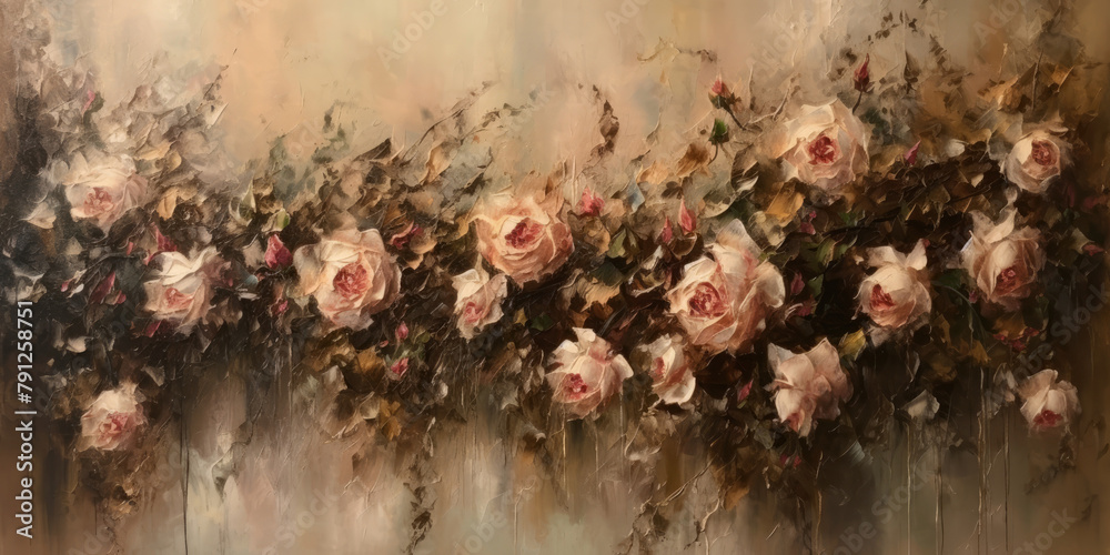 Wall mural pink rose flowers on a old wall, painting. abstract floral background in vintage style. beautiful fl - Wall murals