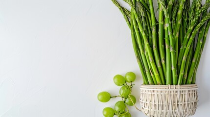 World Health Day Concept: Fresh Asparagus and Grapes on White Background - Healthy Eating Theme