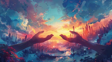Cosmic Creation Touch,
An artistic rendition portraying two hands shaping a vivid juxtaposition of cosmic starfields and a bustling cityscape, symbolizing creation and unity.