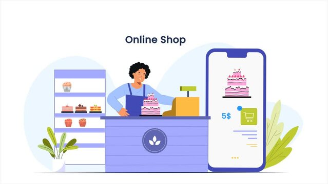 animated illustration of an online bakery