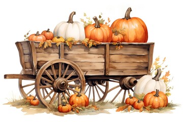 Watercolor wooden wagon with pumpkins and autumn leaves on white background