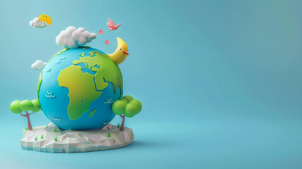 A playful and stylized representation of Earth with cute animal figures and whimsical clouds.