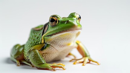 Vivid Green Frog Poised Elegantly Against a Stark White Background