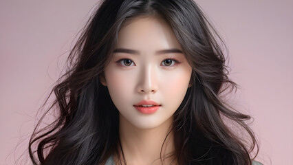 Naklejka premium Graceful Young Woman with Long Waves, Radiant Beauty: Hairstyle Serene Elegance, Stunning Beauty in Motion