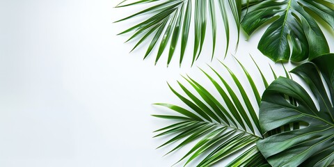 Fototapeta na wymiar Top view of palm leaves on a clean studio white surface with space inside of it for text like a frame or product advertisement, Generative AI.