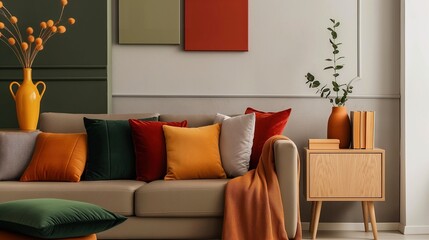 Minimalistic trendy Interior design a beige couch and wooden chest of drawers, with dark green, yellow and burgundy colors pillows