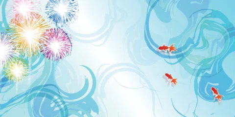 Rolgordijnen 金魚　夏　花火　和柄　背景  © J BOY