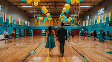 High School Prom Night in a Decorated Gym with Students in Formal Wear