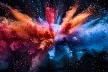 A centered explosion of colorful powder on a black background