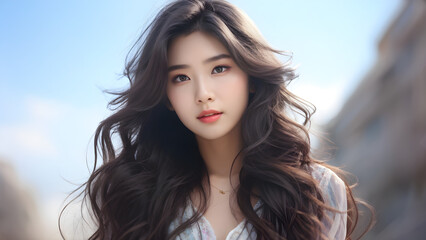 Naklejka premium Graceful Young Woman with Long Waves, Radiant Beauty: Hairstyle Serene Elegance, Stunning Beauty in Motion
