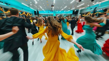 Vibrant Teen Spirit at Prom Night: Dynamic Blurred Dance Scene with Colorful Lights