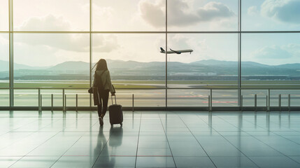 A silhouette of woman with a suitcase stands in front of a window, watching a plane take off. Missed the flight, plane departure delay, lost plane ticket