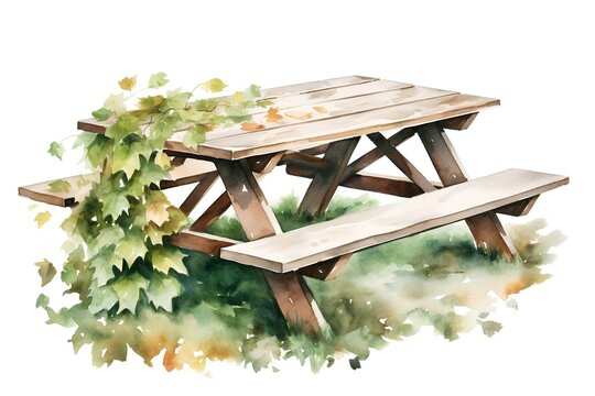 Wooden picnic table and benches in the park. Watercolor illustration
