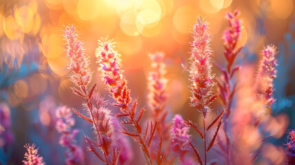 A field of purple wildflowers in a beautiful golden sunlight. Wild grass in the forest at sunset Macro image 