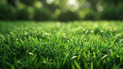 Morning dew on fresh green grass under soft sunlight brings a sense of renewal