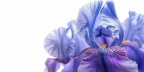 A lovely springtime bloom, an aloof purple iris bloom set over a white setting soothing for eyes and space, Generative AI. - obrazy, fototapety, plakaty