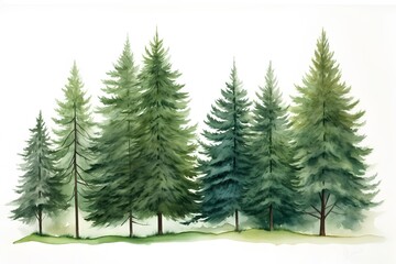 Watercolor illustration of a coniferous forest on a white background