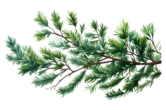 Pine branches. Watercolor illustration. Isolated on white background.