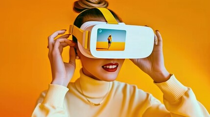 Modern woman use virtual reality glasses, VR new technologies of the future. Connection, new generation, progress smart concept