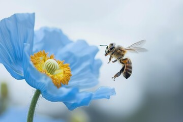 A close shot of a bee flying over blue Himalayan poppy flower with a big space over blurry backdrop for text or product advertisement backdrop, Generative AI.
