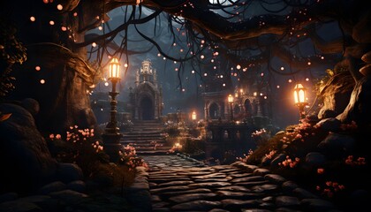 3D rendering of a fantasy forest with trees, lanterns and fairytale houses