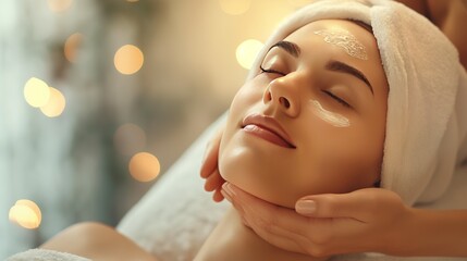 A woman with towel on head is having a relaxing facial massage with cream and spa treatments....