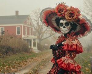 Day of the Dead Attire Melds with Salem's Mystic Fog: A Cultural Portrait in Surreal Style
