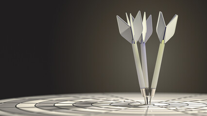 Darts arrow hitting in the bullseye of the dartboard. Target and goal concept. 3D render.