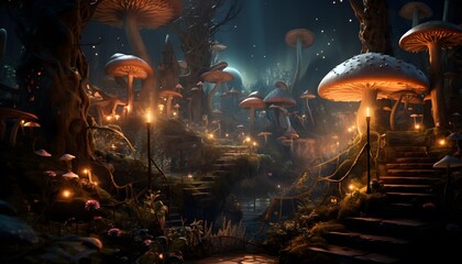 Fantasy fantasy landscape with flying mushrooms. 3d render illustration.