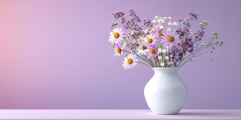 A close shot of wild flowers kept on white flower vase with a purple backdrop with a big space for text or product advertisement background, Generative AI.