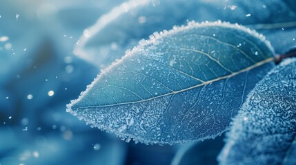 Macro Frost on Edge of Winter Leaf. Detailed macro photo of frost crystals delicately edging a blue winter leaf against a soft-focus background.