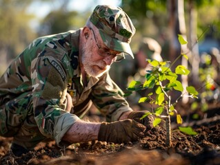 Anzac Day Commemoration: Diverse Group Planting Trees at War Memorial Park in Morning Light