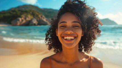 A young woman laughing joyfully at a beach