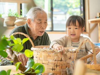 Serene Spring Cleaning: Elderly Asian Man with Grandchildren in Eco-Friendly Living Room - Powered by Adobe