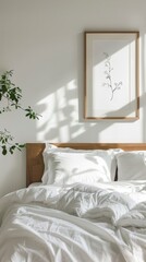 Serene Spring Morning in a Minimalist Bedroom with White Linens and Plant Decor