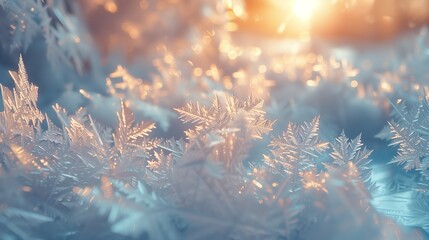 Sunrise Fire on Icy Winter Crystals. Fiery hues of sunrise dance on the delicate ice crystals of a frost-covered surface, creating a contrast of warmth and cold.