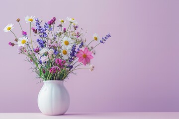 A close shot of wild flowers kept on white flower vase with a purple backdrop with a big space for text or product advertisement background, Generative AI.