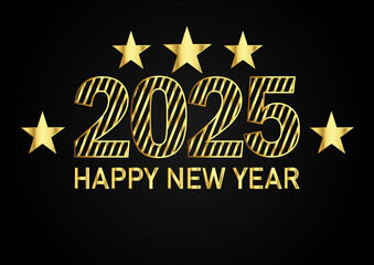 2025 Happy New Year text design with golden stars. Cover of business diary for 2025 with wishes. Brochure design template, card, banner.