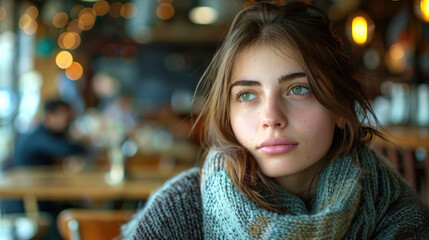 A young woman in deep thought at a cafe