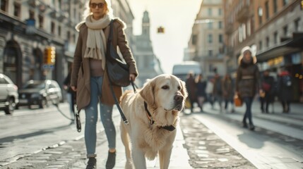Empowered White Female with Guide Dog Navigating Busy City Street on International Guide Dog Day