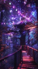 Obraz premium Jazz night at a redwood pyramid, galaxy lights in the canopy, cybernetic enhancements for attending falcons