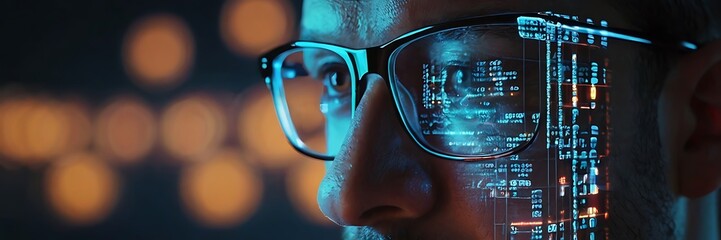 man wearing hightech smart glasses searches for a block chain icon and a distributed computing system