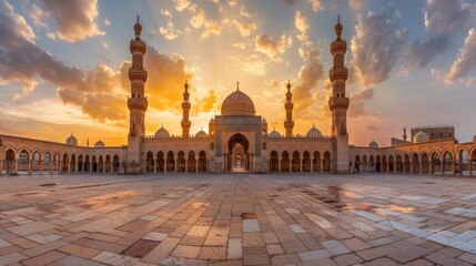 Majestic Ancient Mosque at Sunset on World Heritage Day with Panoramic View and Copy Space - obrazy, fototapety, plakaty