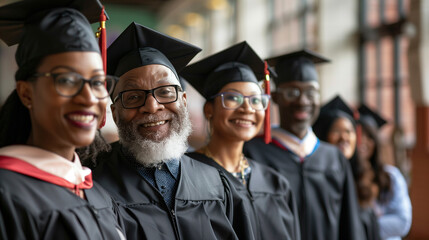 Portrait of a happy group of mature students of different races after receiving their university diplomas.