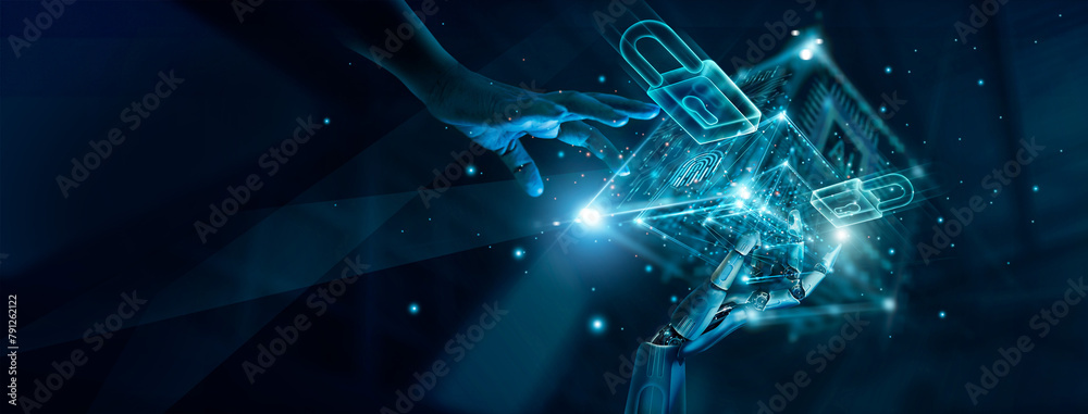 Fototapete Cyber security network and data protection technology on interface. Ai security, Block chain, Digital padlock, Online internet authorized access against cyber attack. Business data privacy concept.