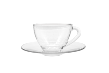 Empty transparent glass mug mockup, clear translucent coffee cup isolated with clipping path.