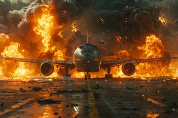 Plane crash airplane on runway catastrophe burning wrecks engine fire failure explosion fuel danger rescuing passengers commercial jet accident takeoff landing collision