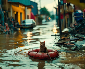 wet cat sitting in a floatie saving itself from flooding