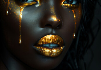Black woman with golden lips dripping liquid gold